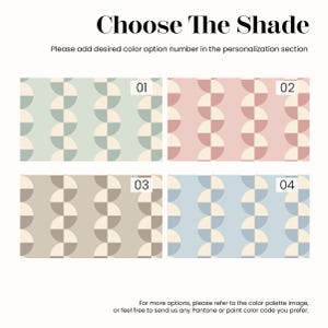 May include: Image showing four color options for a product. Each option features a repeating pattern of semi-circles in different color combinations: green and cream, pink and cream, tan and cream, and blue and cream. Text reads "Choose The Shade".