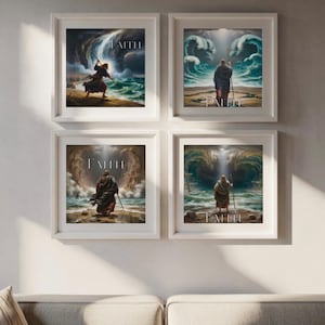 Puede incluir: Cuatro impresiones artísticas enmarcadas que representan una figura con un bastón frente a una masa de agua con grandes olas. Cada impresión tiene la palabra "FAITH" en una fuente estilizada. La obra de arte tiene un estilo dramático y pictórico con enfoque en la luz y la sombra.