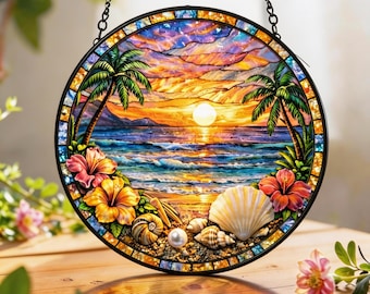 Witraż z zachodem słońca na plaży, sztuka na okno z zachodem słońca na oceanie, sztuka z palmą, wystrój nadmorski dla miłośników plaży