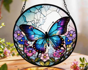 Stained Glass Butterfly Suncatcher, Colorful Butterfly Window Hanging, Floral Glass Panel Decor, Nature Art Gift for Home Window Decoration