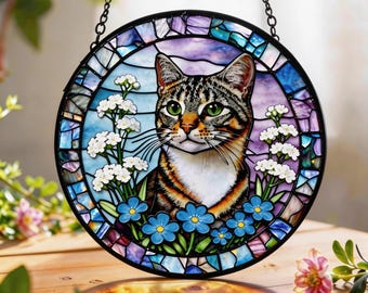 Cat Stained Glass Window Hanging, Floral Cat Suncatcher Panel, Colorful Animal Glass Art, Unique Gift for Cat Lovers, Home Decoration