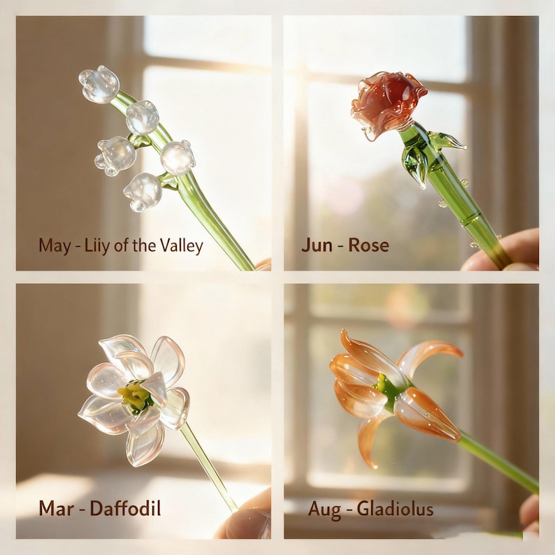 May include: Four glass flower pens: Lily of the Valley, Rose, Daffodil, and Gladiolus. Each pen has a different flower design and color, with the month of the flower's bloom labeled below. The pens are held up against a window.