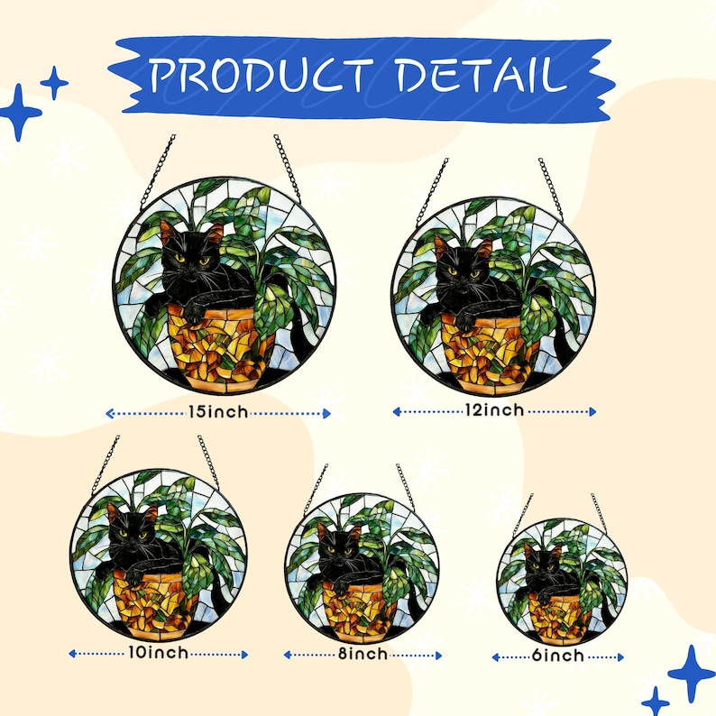Black Cat Stained Glass Suncatcher, Botanical Cat Glass Decor, Round Cat Stained Glass, Decor Gift for Cat Lovers Mom Friend image 6