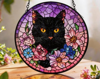 Łapacz słońca z witrażem w kształcie czarnego kota, zawieszka na okno z motywem kwiatowym w kształcie kota, okrągła szklana dekoracja z motywem kota, ręcznie robiony szklany prezent artystyczny z kotem, prezenty na Dzień Matki