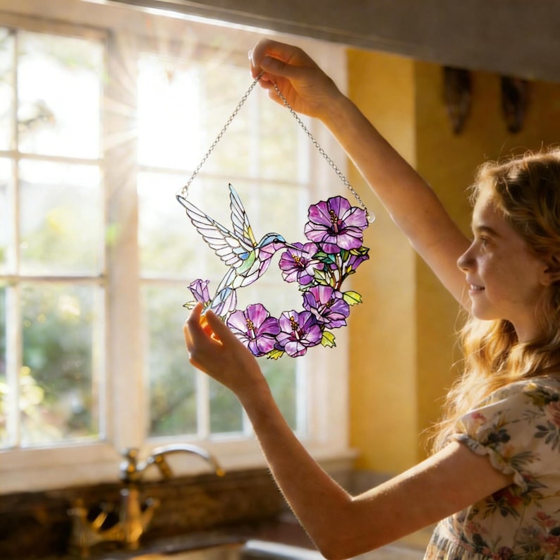 May include: A stained glass hummingbird and flower window hanging. The hummingbird is depicted with white, blue, and green hues, while the flowers are a vibrant purple. The piece is held by a silver chain, designed to hang in a window.