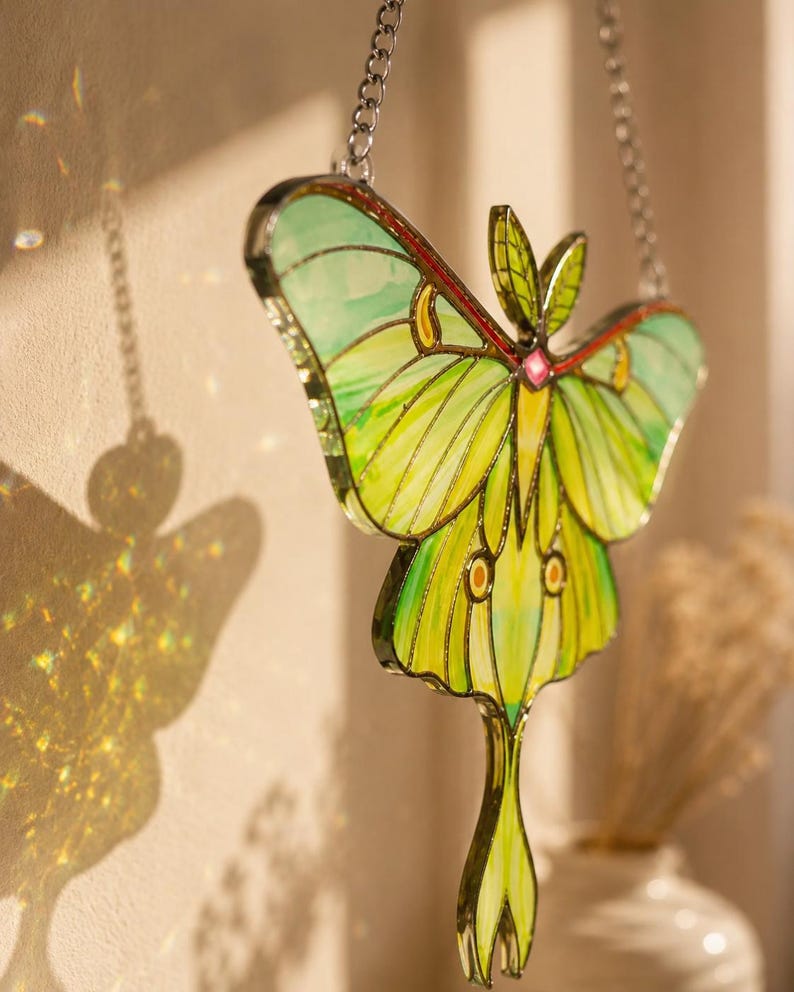 May include: A stained glass suncatcher shaped like a luna moth with light green and yellow wings, dark green veins, and a small pink accent at the center. The moth is suspended by a silver metal chain and features intricate soldered metal borders.