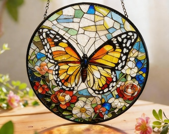 Decorazione a forma di farfalla in vetro colorato, decorazione per finestra rotonda, mosaico floreale