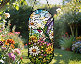Hummingbird Stained Glass Panel, Bird Window Hanging, Floral Suncatcher Decor, Cottagecore Gift for Mom, Nature Wall Art