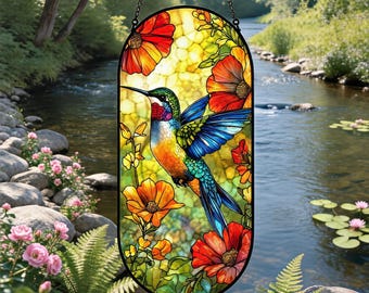Hummingbird Stained Glass Panel, Floral Window Hanging, Bird Suncatcher Decor, Cottagecore Garden Gift for Mom