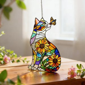 Adorno de gatito de vitral, colgante floral de gato para ventana, decoración atrapasol de mariposa, regalo para amantes de los animales