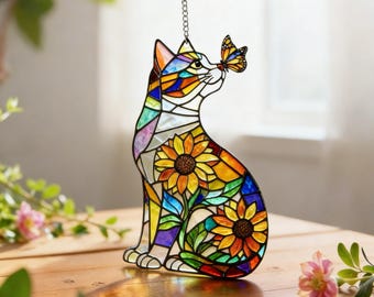 Stained Glass Kitty Ornament, Floral Cat Window Hanging, Butterfly Sun Catcher Decor, Gift for Animal Lovers
