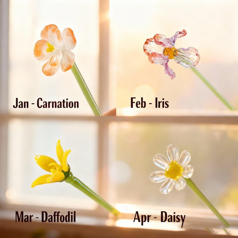 May include: Four glass flower stems: Carnation, Iris, Daffodil, and Daisy. Each flower is a different color and shape, with a green stem. The text on the image reads "Jan - Carnation", "Feb - Iris", "Mar - Daffodil", and "Apr - Daisy".