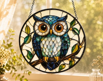 Artistic Owl Glass Suncatcher, Round Stained Glass Owl Design, Cute Owl Glass Window Decor, Thoughtful Gift for Her or Him