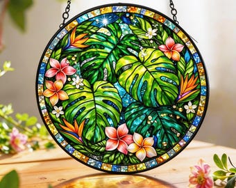 Decorazione per vetrate con foglie di Monstera, arte botanica rotonda in vetro, decorazioni per la casa con motivi tropicali, decorazioni tropicali per gli amanti delle piante