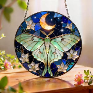 May include: A round stained glass panel featuring a green moth with outstretched wings, a crescent moon, and white flowers against a dark blue starry background. The panel is suspended by a chain, creating a decorative piece.