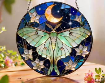 Łapacz słońca w kształcie ćmy księżycowej, ręcznie robiona dekoracja witrażowa, wisząca ozdoba okienna w kształcie ćmy księżycowej, prezent dla mamy lub dla niej