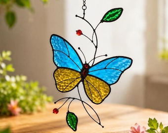 Stained Glass Butterfly Suncatcher,Blue Butterfly Window Hanging,Butterfly Window Decor,Garden Lover Gift,Colorful Glass Ornament