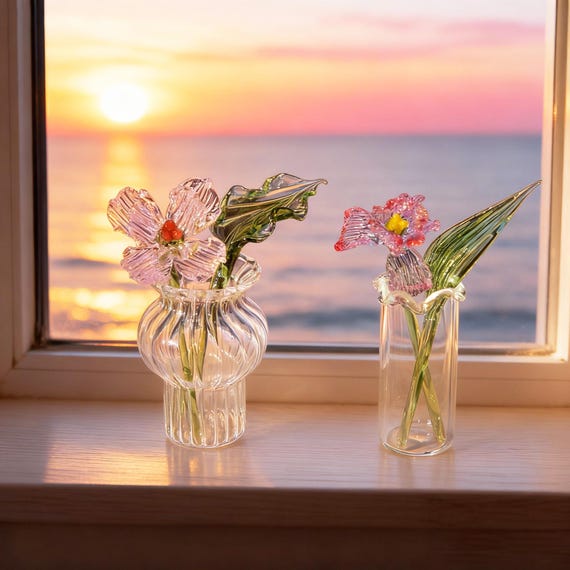 Glass Birth Month Flower, Handmade Glass Birth Flower Bouquet in Vase, Hand Blown Spring Flower, Gift for Her Birthday, Valentines