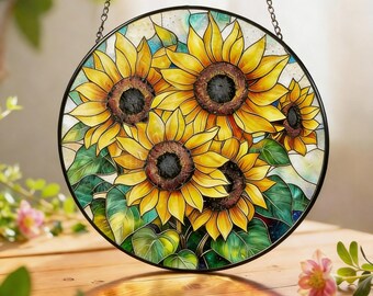 Sunflower Glass Suncatcher, Round Floral Window Decor, Bright Home Wall Hanging Gift, Mommy's Garden Decor