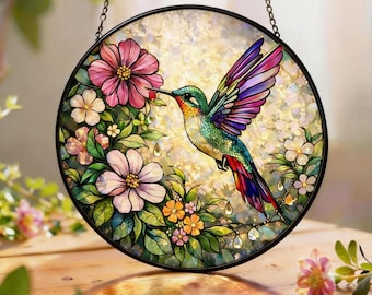 Stained Glass Hummingbird Suncatcher, Round Floral Window Hanging, Nature Inspired Decor, Mothers Day Gift, Valentine’s Day Gift