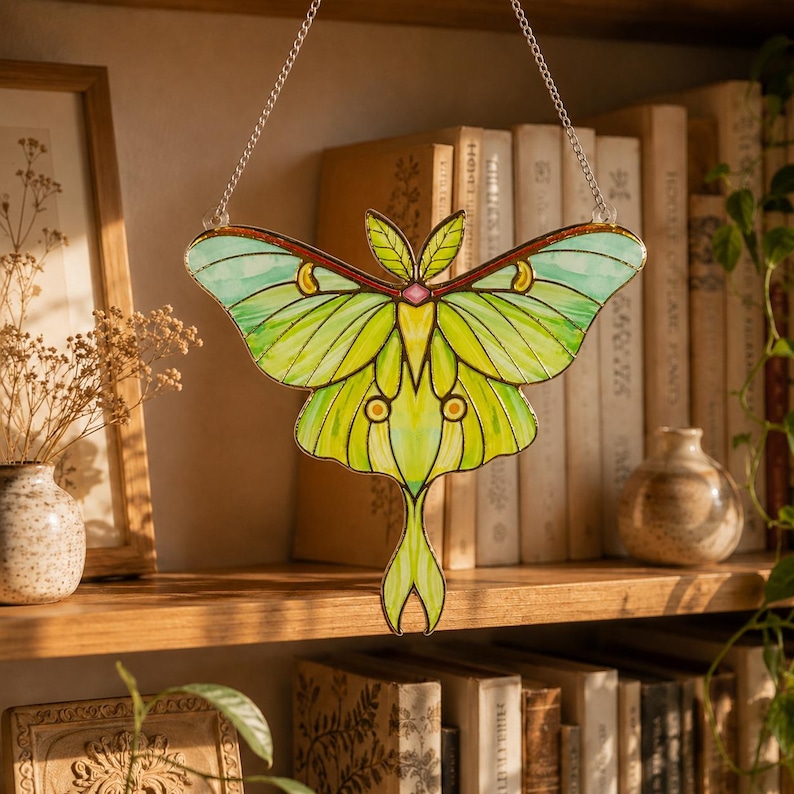 May include: A stained glass suncatcher shaped like a Luna moth with light green and yellow wings, dark green leaf-like upper wings, and a small pink center accent. The moth is suspended by a silver metal chain against a bookshelf background.