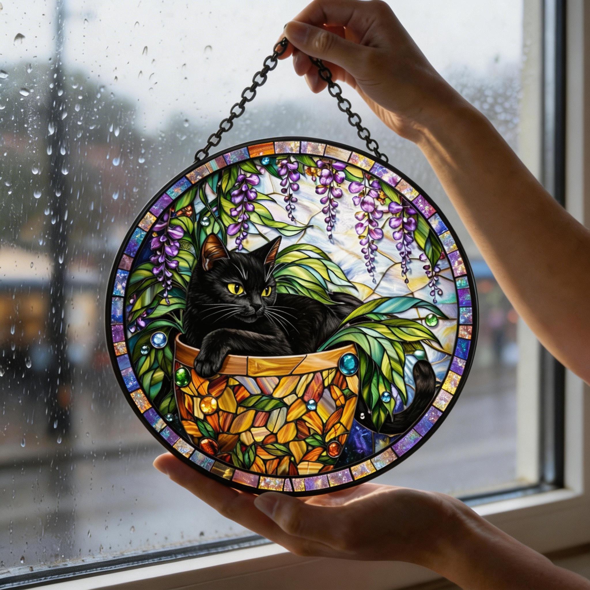 Black Cat Stained Glass Suncatcher, Floral Cat Window Art, Round Glass ...