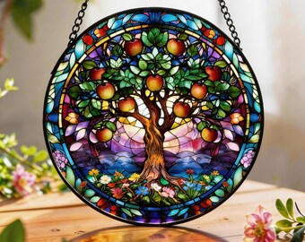 Witrażowy łapacz słońca Drzewo Życia, zawieszka do witraża, sztuka witrażowa z jabłonią, znaczący prezent dla mamy