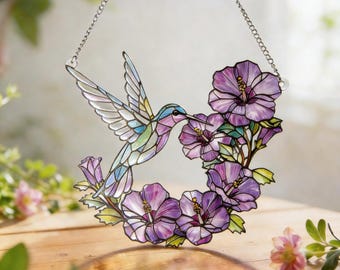 Hummingbird Window Art, Lavender Flower Glass Panel, Botanical Suncatcher Decor, Mother’s Day Gift