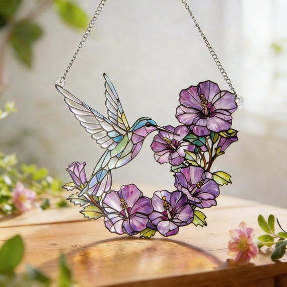 Hummingbird Window Art, Lavender Flower Glass Panel, Botanical Suncatcher Decor, Mother’s Day Gift