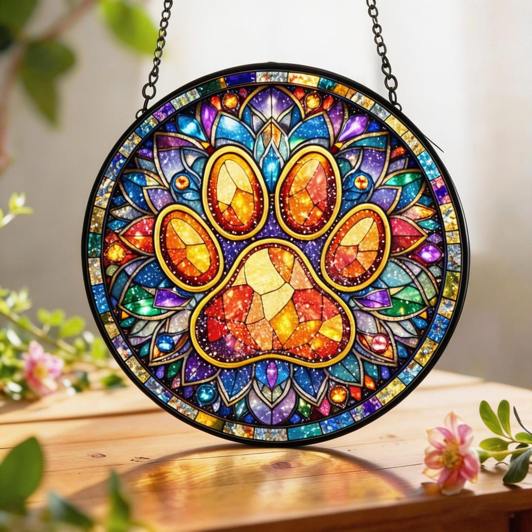 Stained Glass Paw Print Sun Catcher | Pet Memorial Keepsake | Rainbow ...