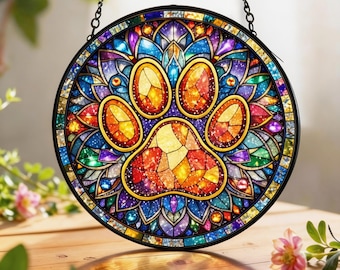 Łapacz słońca z witrażowym odciskiem łapy | Pamiątkowa pamiątka po zwierzaku | Tęczowy panel artystyczny ze zwierzętami | Dekoracja do domu dla miłośników zwierząt | Pamiątkowy prezent dla psa lub kota