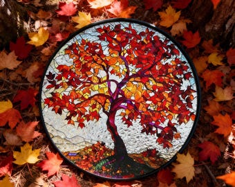 Autumn Tree of Life Stained Glass Suncatcher, Fall Maple Window Hanging, Handmade Glass Art for Warm Home Decor, Mommy's Garden Decor