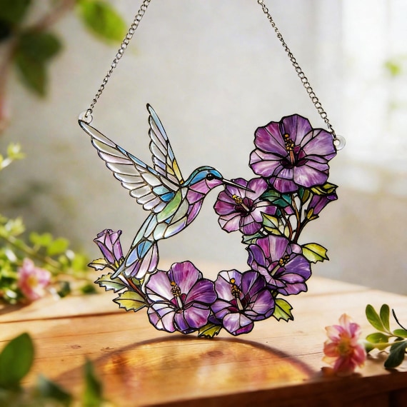 Stained Glass Hummingbird Suncatcher, Lavender Flower Window Hanging, Botanical Glass Art, Gift for Her, Home Decor