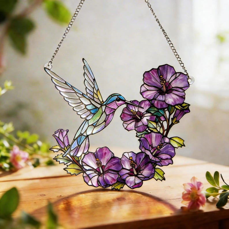 May include: A stained glass hummingbird with outstretched wings, surrounded by purple hibiscus flowers. The bird has a blue head, green and purple body, and white wings. A silver chain is attached for hanging.