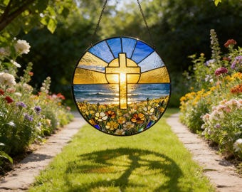 Łapacz słońca w kształcie krzyża witrażowego, okrągły szklany krzyż wschodzącego słońca, okrągła chrześcijańska zawieszka na okno, dekoracja domu z motywem wiary, prezent z okazji Dnia Matki