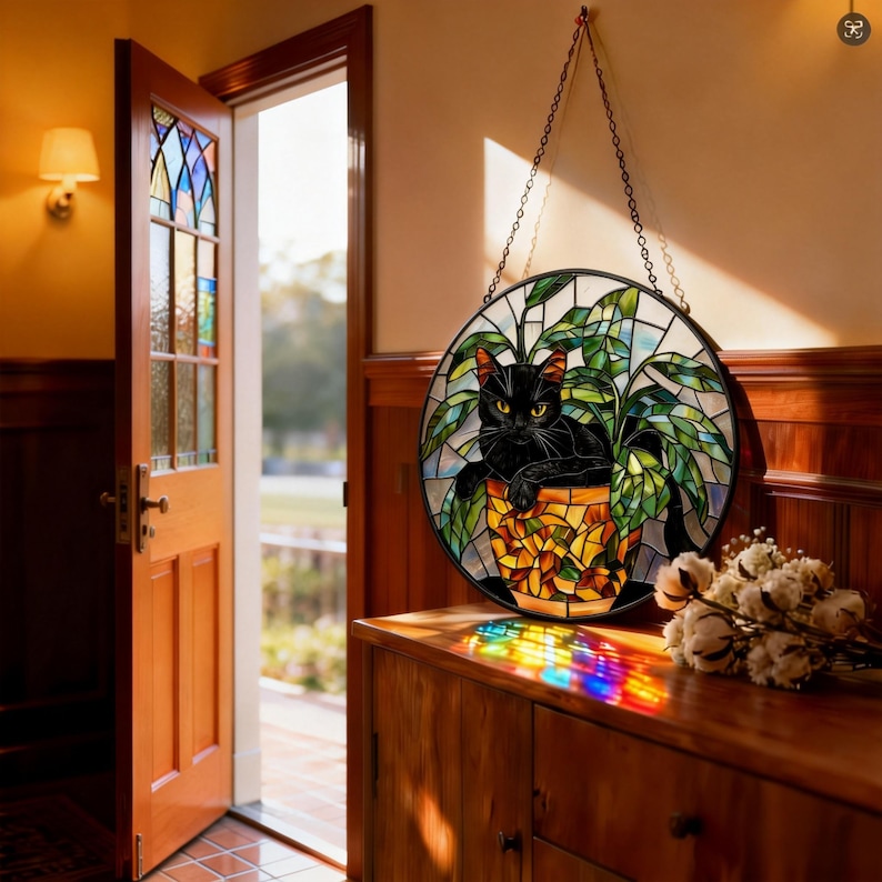 Black Cat Stained Glass Suncatcher, Botanical Cat Glass Decor, Round Cat Stained Glass, Decor Gift for Cat Lovers Mom Friend image 2