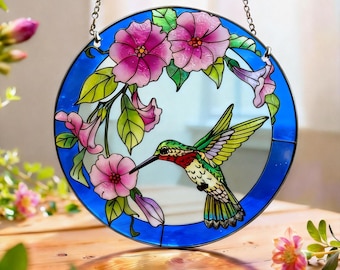 Okrągły witraż z kolibrem, kwiatowy łapacz słońca na okno, kolorowa sztuka szklana z ptakami, prezent dla miłośnika ptaków