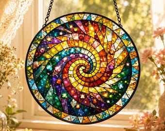 Vetrata a spirale arcobaleno, acchiappasole in vetro astratto, decorazione circolare da parete, regalo unico per gli amanti dell'arte