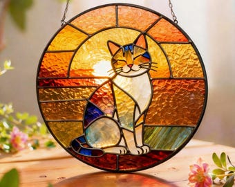 Handmade Stained Glass Cat Suncatcher, Sunset Cat Window Hanging, Round Glass Window Decor, Cozy Gift for Cat Lovers