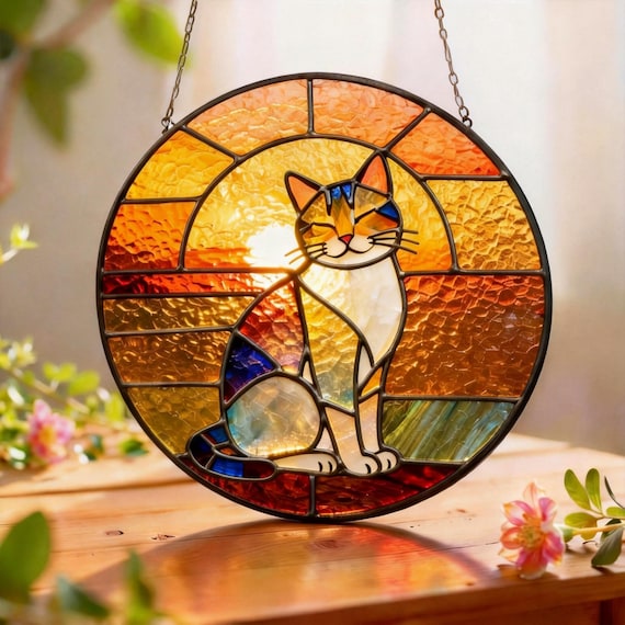 Handmade Stained Glass Cat Suncatcher, Sunset Cat Window Hanging, Round Glass Window Decor, Cozy Gift for Cat Lovers
