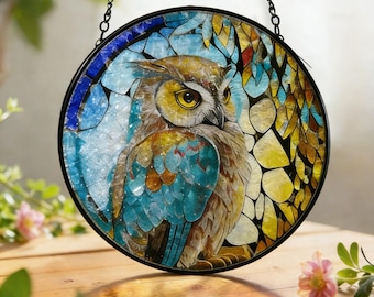 Acchiappasole a forma di gufo in vetro colorato, decorazione rotonda per finestra a forma di gufo, arte rotonda a forma di uccello in vetro colorato, regalo per amanti della natura o appassionati di fauna selvatica