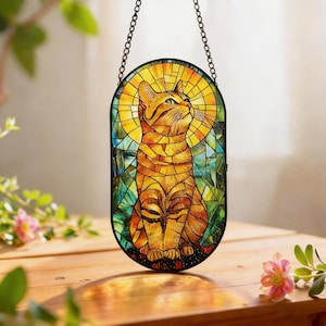Stained Glass Cat Wall Hanging, Arched Oval Glass Decor, Oval Stained Glass Art, Pet Keepsake Wall Art, Thoughtful Gift for Mother