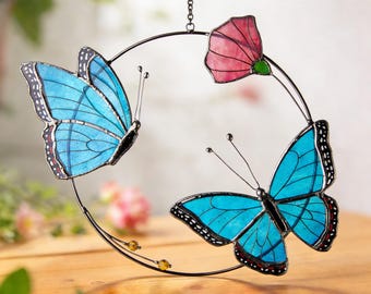 Blue Butterfly Stained Glass Suncatcher, Circular Window Decor, Handmade Glass Art, Nature Lover Gift
