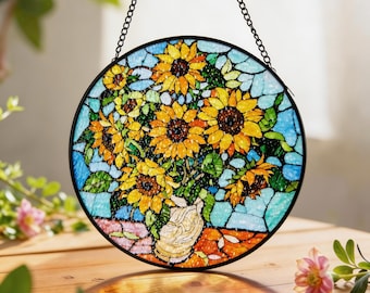 Girasole in vetro colorato, acchiappasole rotondo floreale, arte in vetro rotondo, regalo di inaugurazione della casa, regalo per la mamma
