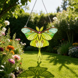 May include: A stained glass suncatcher shaped like a luna moth with vibrant lime green wings, dark brown edges, and a central pink accent. The moth features delicate black lead lines and is suspended by a silver metal chain for hanging display.