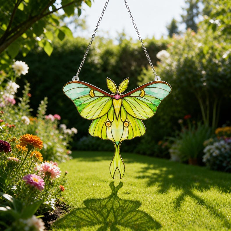 May include: A stained glass suncatcher shaped like a luna moth with vibrant lime green wings, dark brown edges, and a central pink accent. The moth features delicate black lead lines and is suspended by a silver metal chain for hanging display.