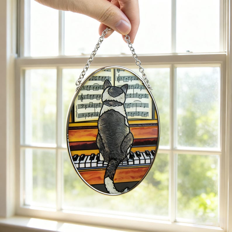 Piano Cat Stained Glass Suncatcher | Handmade Window Hanging Art | Cat Lover Gift | Music Themed Glass Decor | Unique Home Ornament