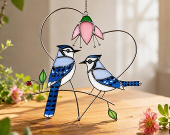 Blue Jay Couple Window Hanging, Love Bird Suncatcher, Bird Lover Gift, Nature Window Decor, Romantic Home Accent Artwork