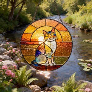 Handmade Stained Glass Cat Suncatcher, Sunset Cat Window Hanging, Round Glass Window Decor, Cozy Gift for Cat Lovers image 12