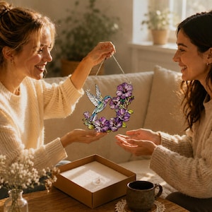 May include: A stained glass hummingbird and floral wreath design. The hummingbird is depicted in shades of blue, green, and purple, surrounded by a wreath of purple flowers. The artwork is held by a person.